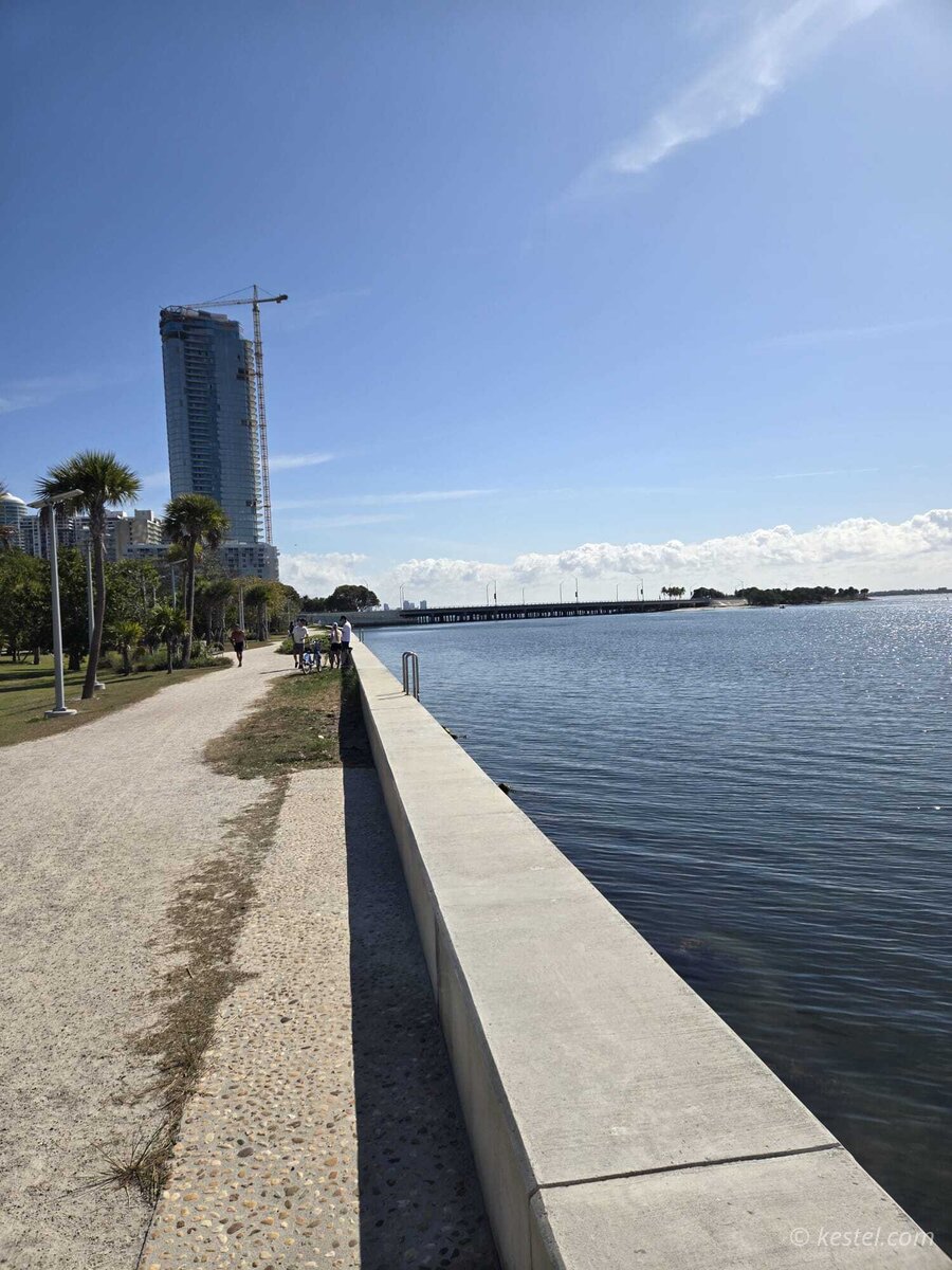 Miami bayfront path with city skyline