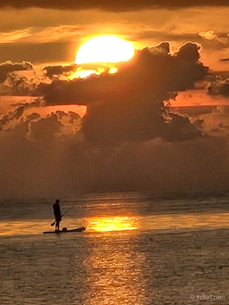 Paddleboarder silhouetted against a golden sunset